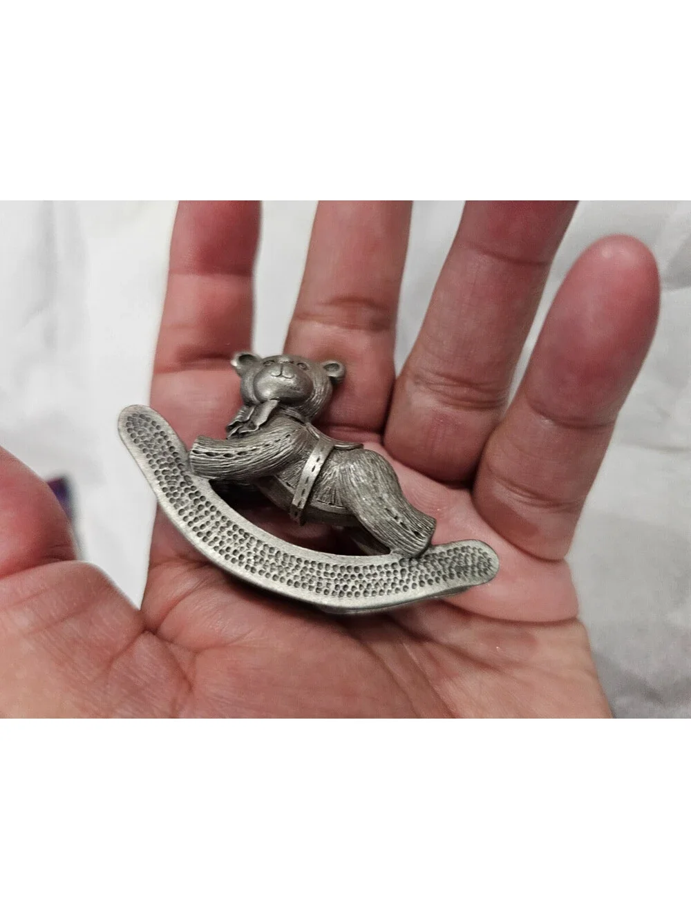 Vintage 1983 Spoontiques Rocking Teddy Bear Pewter Silver Figurine Size 1.5X2.5